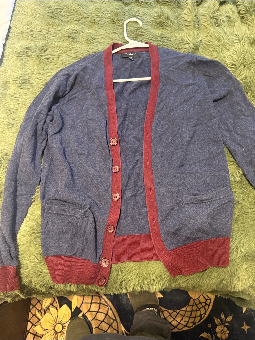 Forever 21 Men's Navy Cardigan with Burgundy Trim